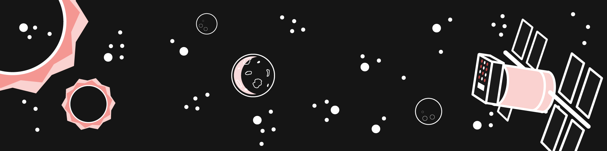 Illustration von Planeten, Asteroiden, Satelliten und Sternen vor schwarzem Hintergrund