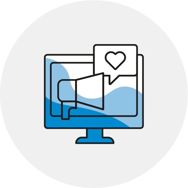Icon Onlinemarketing Bildschirm Megafon mit Sprechblase blau