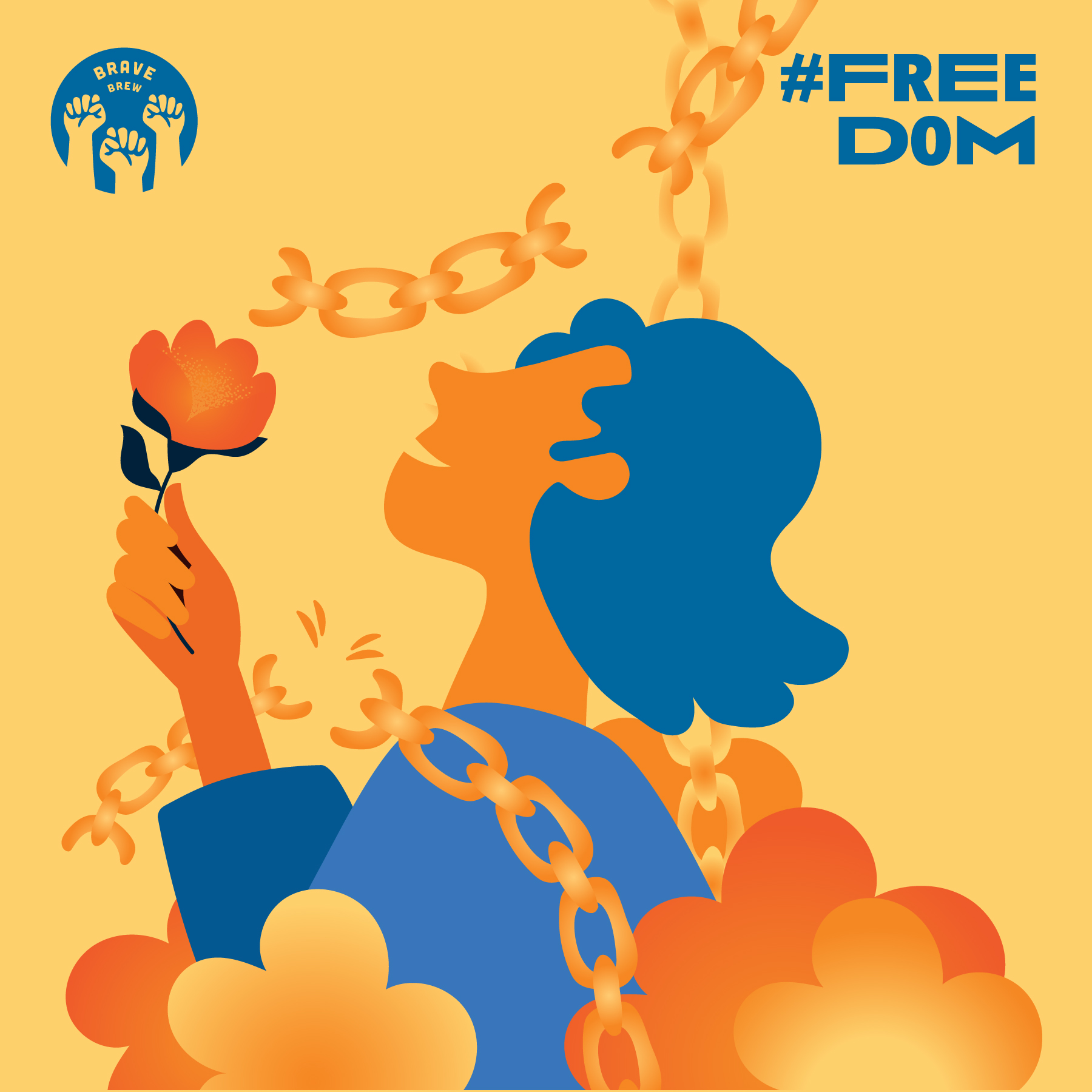 Produktdesign Getränkedosen Freedom Brave Brew Illustration Mensch der Blume in der Hand hält und Ketten, die ihn festhalten zerbricht