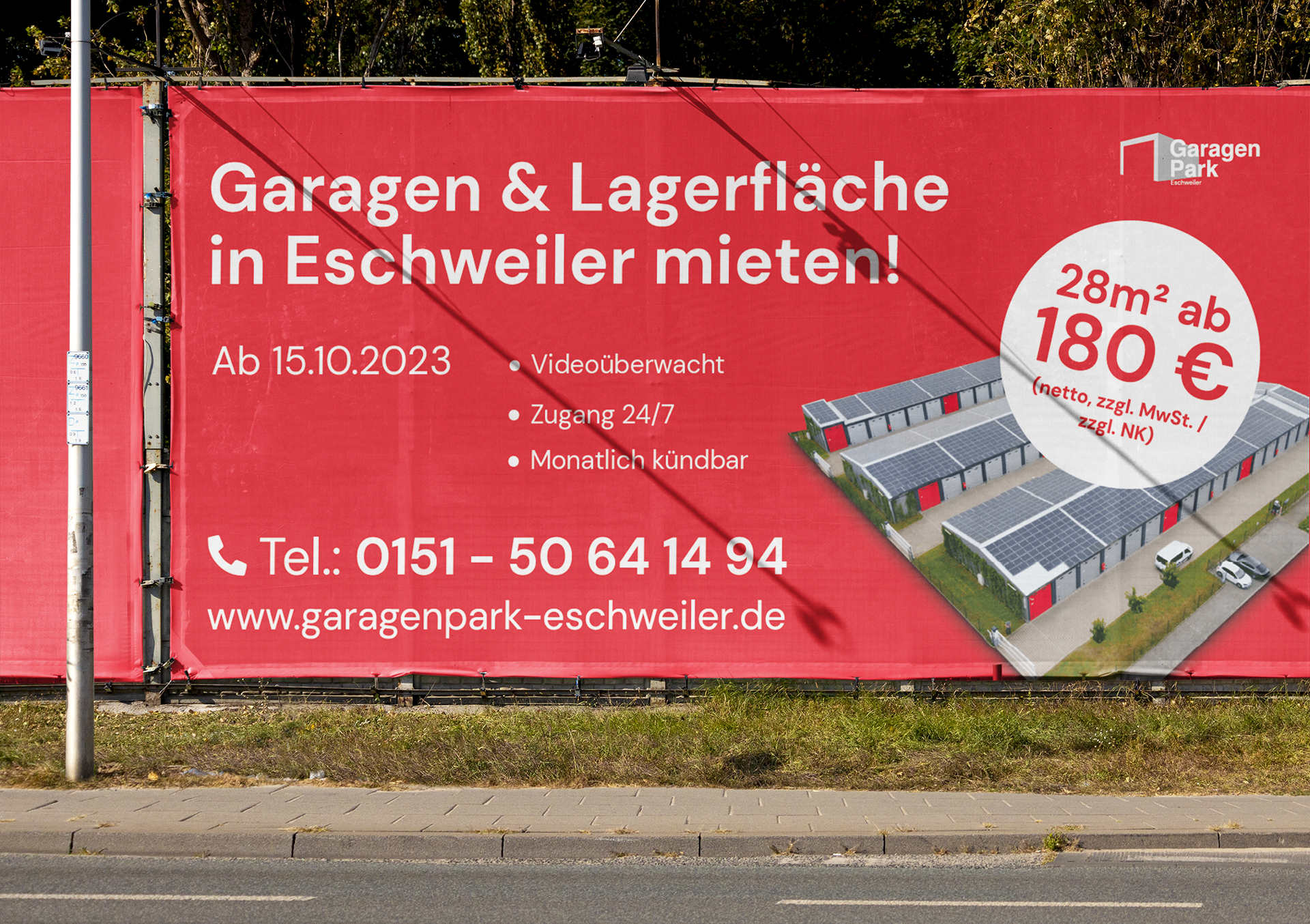 Druckprodukte Bauzaun-Banner für Garagenpark Eschweiler