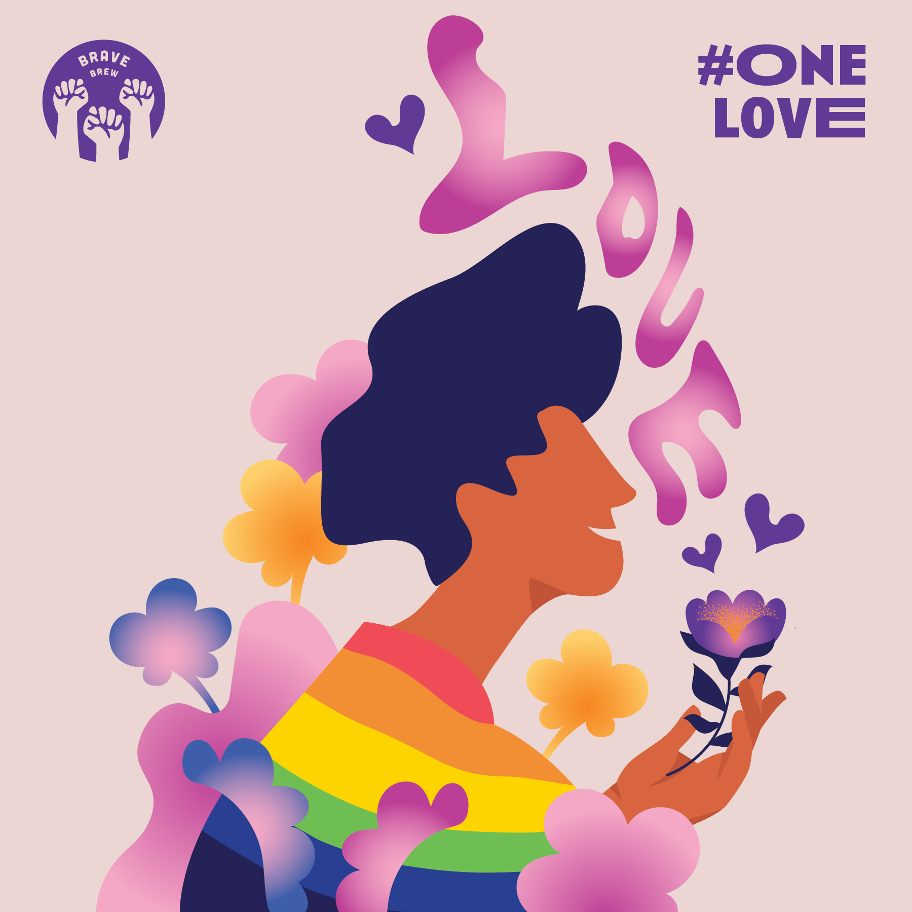 Illustration Mensch mit Regenbogenflagge um die Schultern, der eine Blume hält